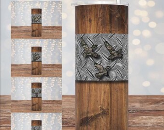 Camo Animal Tumbler Cup: Wood & Diamond Plate Stainless Steel