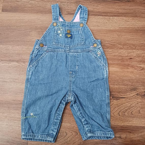 OshKosh B'gosh, Vintage OshKosh Bgosh Vestbak Denim Floral Embroidered Overalls Pink Lined 6-9M