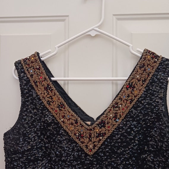 Vintage Black Gold Sequin Beaded V-Neck Hong Kong… - image 2