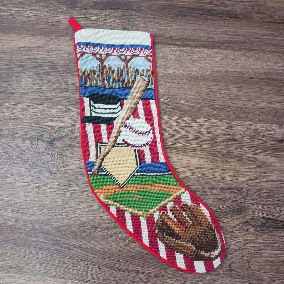 Vintage Needlepoint Christmas Stocking Baseball Sports 18