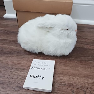 Puede incluir: Un juguete de peluche de conejo blanco con pelaje suave, colocado frente a una caja de cartón marrón. Junto al juguete hay un folleto de instrucciones blanco con el texto: How to have fun with your Shmoozy, Fluffy.