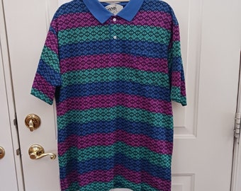 Vtg 80s 90s MUNSINGWEAR All Over Diamon Print POLO SHIRT Grand Nouveau