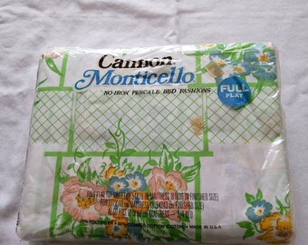 VTG New USA Cannon Monticello Green White Floral Cotton Full Fitted Flat Sheet