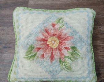 Vintage Pink Flower Needlepoint Pillow 9&quot; x 9&quot; Cottagecore