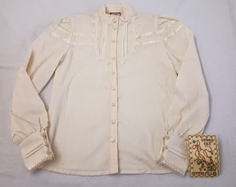 New Vintage 70s Gunne Sax Cream Button Down Lace Blouse Prairie Youth Girls 8