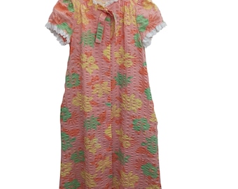 ヴィンテージ ミス・エレイン フローラル シアサッカー ハウスドレス ナイトガウン ピンク レース USA Sサイズ