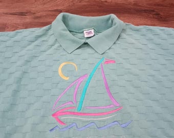 Vintage San Diego-sweater groene zeilboot met kraag 80s 90s VS XL