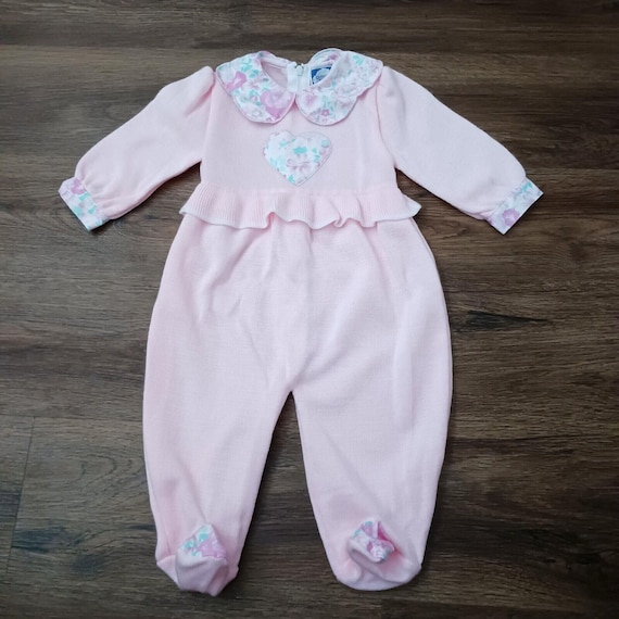 Vintage 12 Mo Carriage Boutiques Pink One Piece Footed Romper Sweater Heart