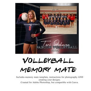 Peut inclure: Un modèle de souvenir de volleyball avec une photo d'une joueuse de volleyball en uniforme bleu marine tenant un ballon de volleyball. Le texte indique "VOLLEYBALL MEMORY MATE" et "Tori Johnson FALCON VOLLEYBALL 2025".