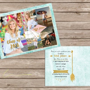 May include: A graduation party invitation with a turquoise background and gold accents. The invitation features a photo collage of the graduate and the text "Please join us for a graduation party in honor of Taliak Johnson". The invitation also includes the date and time of the party and the location of the graduation ceremony.