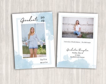 Girls modern watercolor graduation invitation, instant customizable template for photoshop users