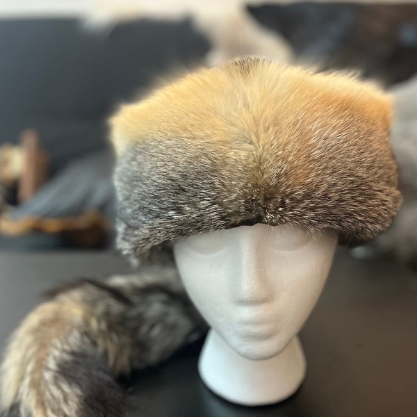 Gray Fox Fur Hat With Tail Size M Silk Lining