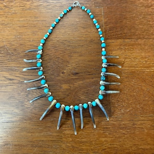 Real Badger Claw,  Natural Turquoise, and Sterling Silver Necklace 16 Claws