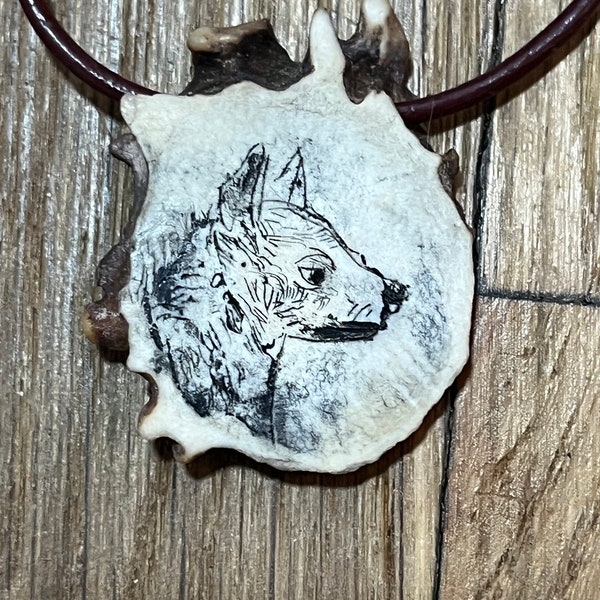 Hyena Scrimshaw on Roe Deer Antler Pendant on 24” Leather Cord Hand Engraved