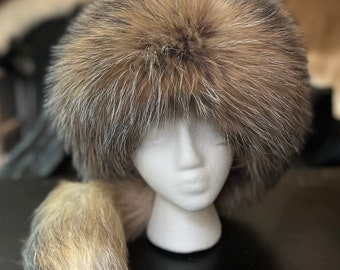 Marble Finn Raccoon Fur Hat With Tail Size L Premium Silk Lining