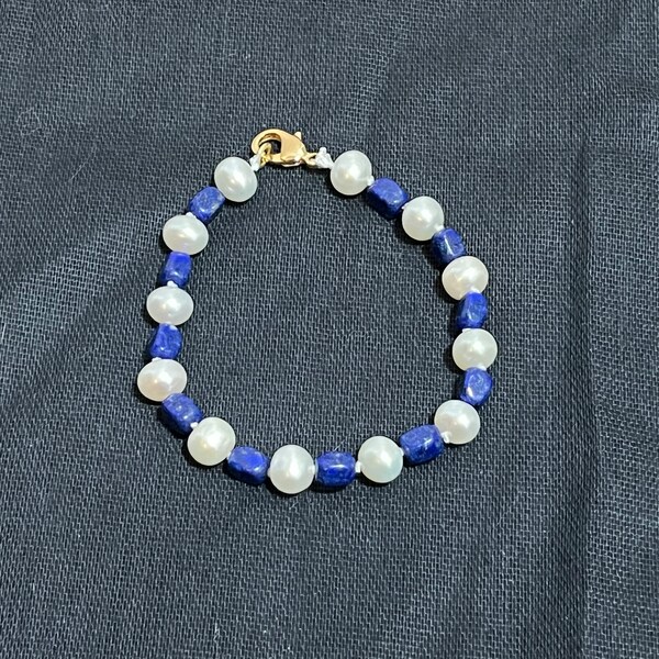 AA Freshwater Pearl And Lapis Lazuli Hand Knotted Bracelet with 14k Gold Plated Closure