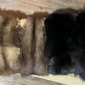May include: Two pieces of fur, one brown and one black. The brown fur is longer and has a lighter undercoat. The black fur is shorter and has a more uniform color.