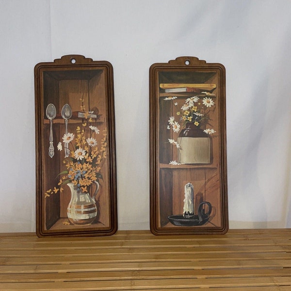 Pair Of Wooden Wall Plaques Robert Laessig Coffee Pot And Flowers MCM Cottage