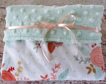 Baby Blanket - Baby Girl Blanket - Mint Minky Blanket - Mint Blush Rose Minky Blanket - Floral Baby Blanket - Nursery Bedding - Baby Gift