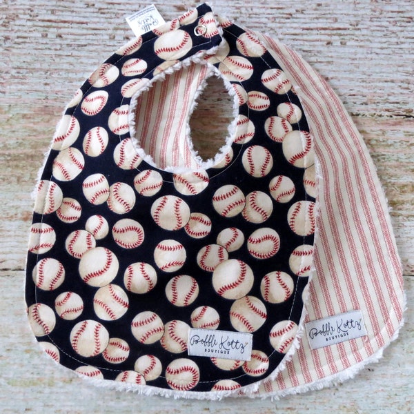 Bibs - Baby Boy Bibs - Baseball Bibs - Red Ticking Stripe Bib - Sports Themed Bibs - Chenille Bibs - Baby Shower Gift - Stocking Stuffer