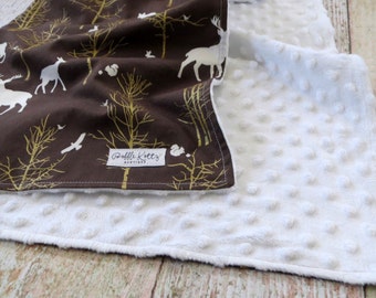 Baby  Blanket - Baby Boy Blanket - Woodland Baby Blanket - White Minky Blanket - Woodland Minky Blanket - Baby Shower Gift