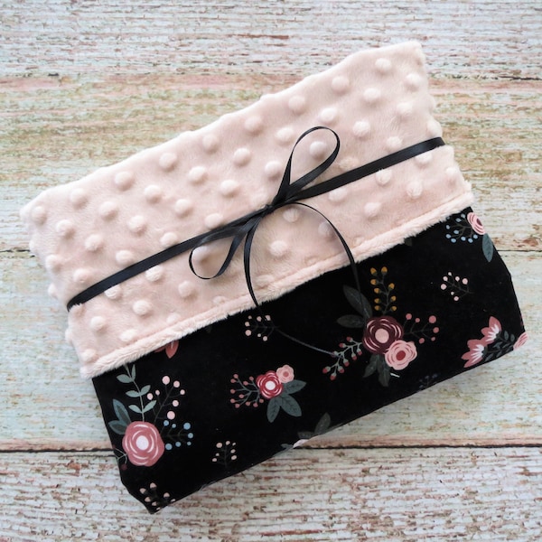 Baby Blanket - Minky Blanket - Baby Girl Blanket - Floral Blanket - Blush Pink Minky Blanket - Black Baby Blanket - Crib Blanket - Stroller