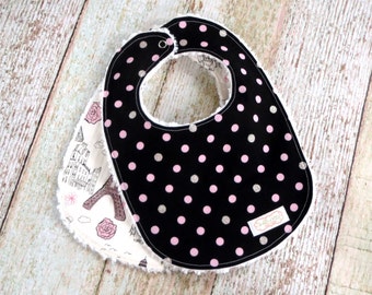 Baby Bibs - Baby Girl Bibs - Eiffel Tower Bib - Polka Dot Bib - Chenille Bibs - Black Pink Bibs - Paris Bibs - Baby Shower Gift