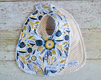 Baby Bibs - Baby Girl Bibs - Blue Floral Bib - Yellow Polka Dot Bib - Chenille Bib - Baby Shower Gift - Baby's First Birthday - Baby Gift