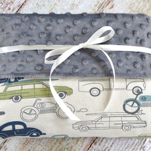 Baby Blanket Baby Boy Blanket Gray Minky Blanket Retro Rides Baby Blanket Vintage Car Baby Blanket Car Minky Blanket Car Blanket image 1