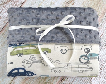 Baby Blanket - Baby Boy Blanket - Gray Minky Blanket - Retro Rides Baby Blanket - Vintage Car Baby Blanket - Car Minky Blanket - Car Blanket