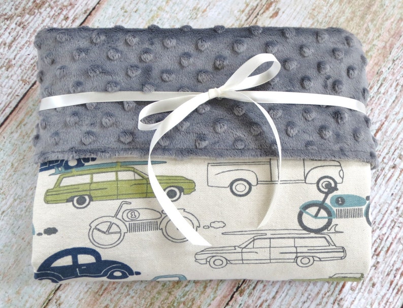 Baby Blanket Baby Boy Blanket Gray Minky Blanket Retro Rides Baby Blanket Vintage Car Baby Blanket Car Minky Blanket Car Blanket image 1