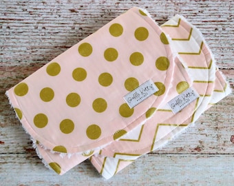 Baby Burp Cloths - Baby Girl Burp Cloths - Pink Gold Polka Dot Burp Cloths - Pink Gold Chevron Burp Cloths - Pink Burp Cloths - Baby Shower