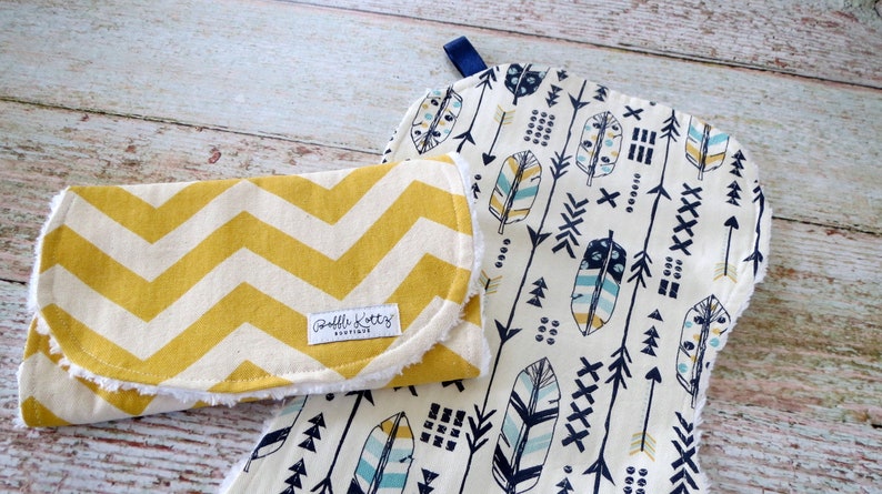 Baby Burp Cloths Baby Boy Burp Cloths Navy Yellow Burp Cloths Feather Arrow Burp Cloths Chevron Burp Cloth Tribal Burp Cloths image 4