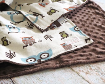 Baby Blanket - Baby Boy Blanket - Owl Baby Blanket - Woodland Baby Blanket - Brown Minky Blanket - Woodland Minky Blanket - Baby Shower Gift