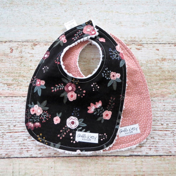 Baby Bibs - Baby Girl Bibs - Floral Bib - Black Floral Bib - Mauve Bib - Mauve Polka Dot Bib - Chenille Bibs - Baby Shower Gift