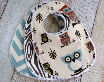 Baby Bibs - Baby Boy Bibs - Woodland Baby Bibs - Owl Bib - Blue Chevron Bib - Brown Woodgrain Bib - Chenille Bibs - Baby shower Gift