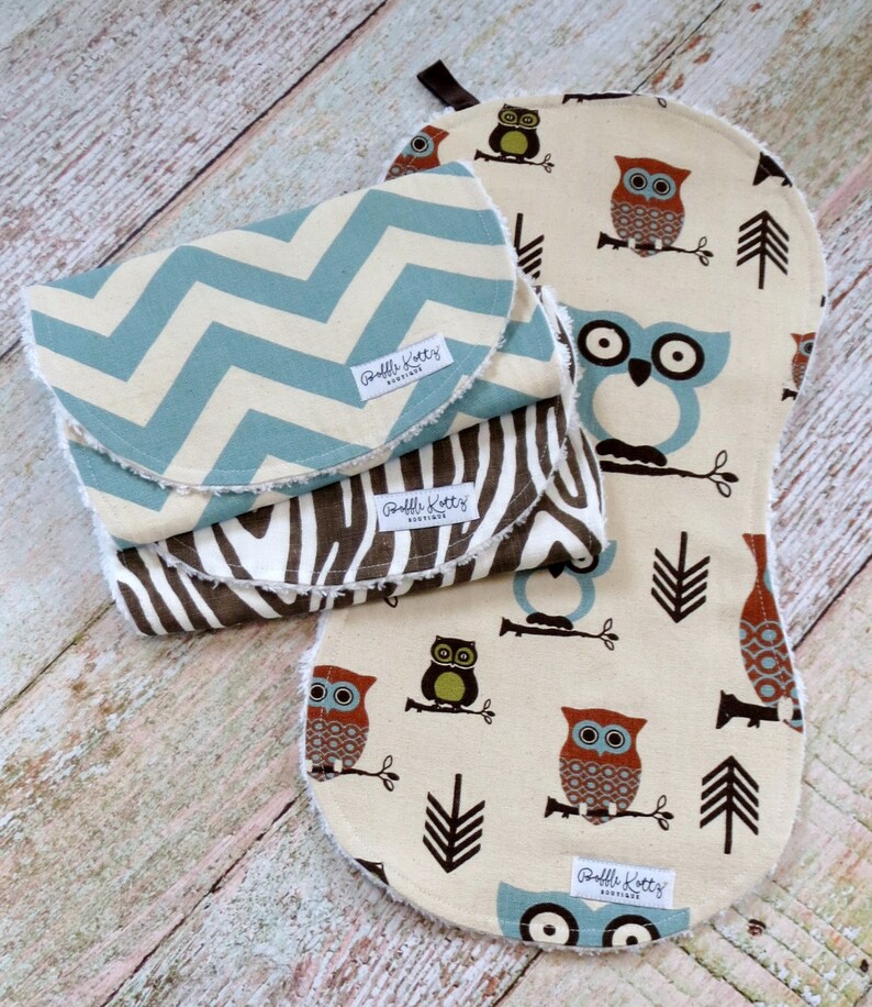 Baby Burp Cloths Baby Boy Burp Cloths Woodland Burp Cloths Owl Burp Cloth Chevron Burp Cloth Woodgrain Burp Cloth Baby Shower image 3