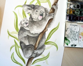 Pintura de acuarela Koala, original pintada a mano / firmada