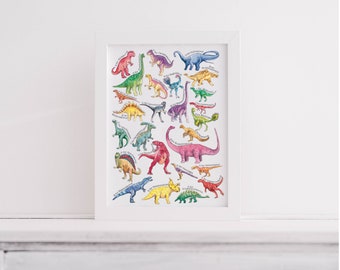 Dinosaurio alfabeto Giclée impresión, impresión de acuarela de bellas artes, colorido audaz, A3 A4 A5 pintura desafío vivero pared arte Dino / firmado