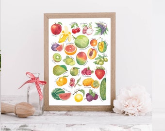 Fruit Alphabet Giclée Print, Fine Art Watercolour Print, Colourful Bold, A3 A4 Painting Challenge Nursery Wall Art | Signed