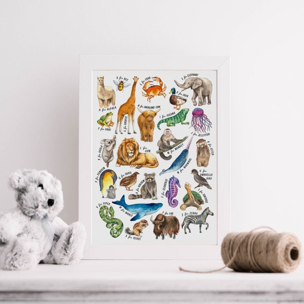 Animal Alphabet Giclée Print, Fine Art Watercolour Print, Colourful Bold, A3 A4 Painting Challenge Nursery Wall Art | Signed