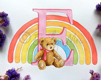 Pintura personalizada de la guardería, personalizada, monograma pastel arco iris del oso de peluche, nuevo regalo del bebé