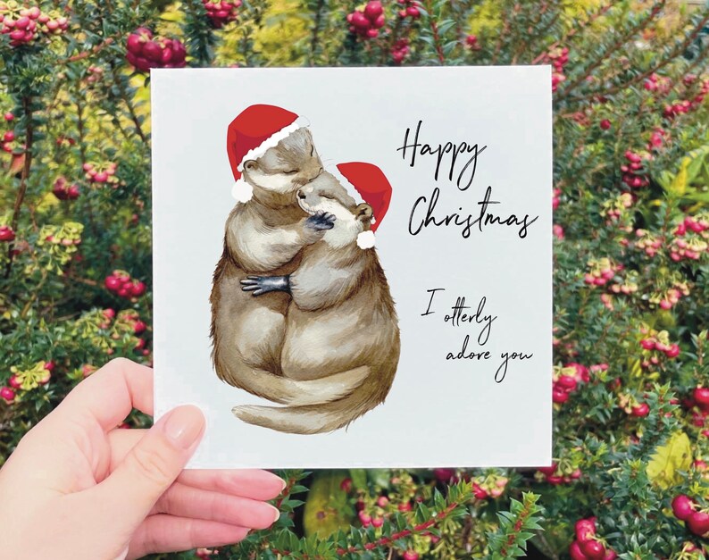 Otter Christmas Cards, Otterly Adore You, Handmade, Cute Couple Romantic Otter Love Christmas Card Husband Wife image 1