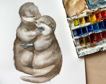 Otter Couple Giclée Print, Fine Art Watercolour Print, A4 A5 | Signed