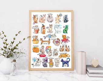 Cats Alphabet Giclée Print, Impresión de acuarela de bellas artes, A3 A4 A5 Nursery Wall Art / Firmado