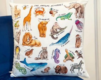 Animal Alphabet Cushion 40cm, Animal Alphabet Colourful Cushion, Extra Soft Velvety Cover