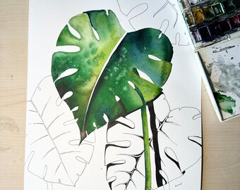 Pintura de acuarela de hoja de Monstera, original pintada a mano / firmada