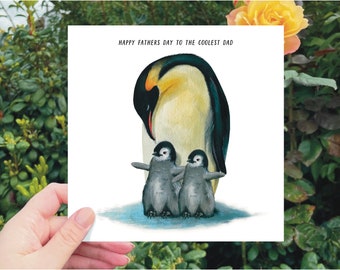 Penguin Fathers Day Greetings Card, with 2 Baby Penguins | Watercolour | Art | Birthday | Fathers Day Dad Pa Pops