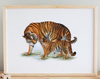 Tiger and Tiger Cub Giclee Print, Tiger Wall Art, Realismo Realista Impresión colorida audaz / Firmado