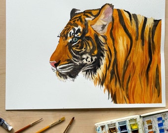 Tiger Watercolour Painting, Hand-Painted Original  | Signed